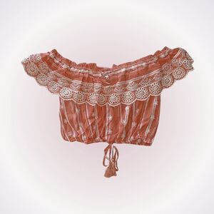 Poof New York Coral Crop Top with Cream Lace Detail | Sz M